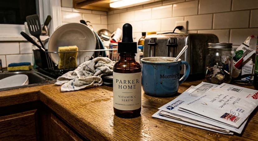 Source photo: amber serum bottle on a cluttered kitchen counter