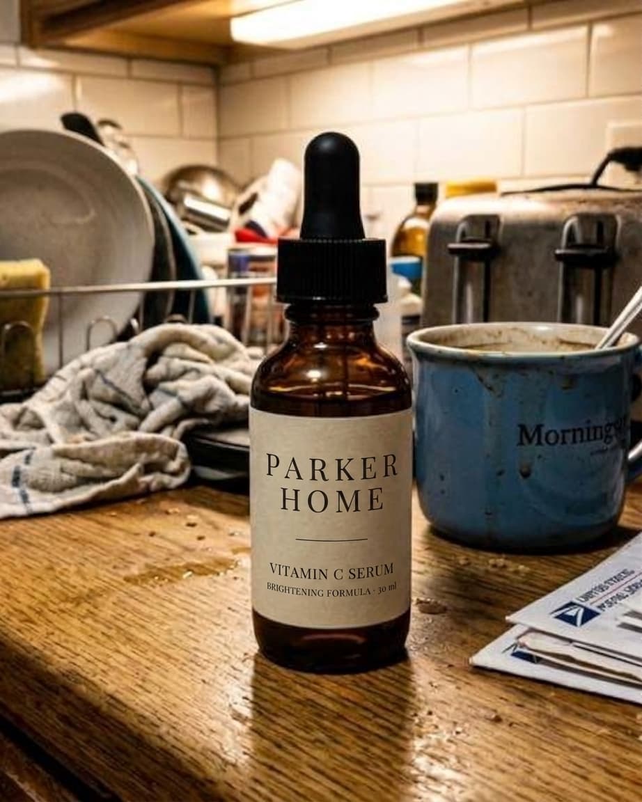 Source photo: an amber serum bottle on a cluttered kitchen counter
